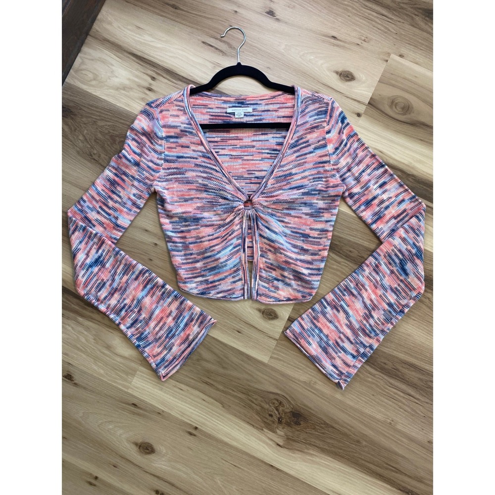 American Eagle Space Dye O-Ring Long Sleeve Cropped Knit Top Pink Blue Small Y2K